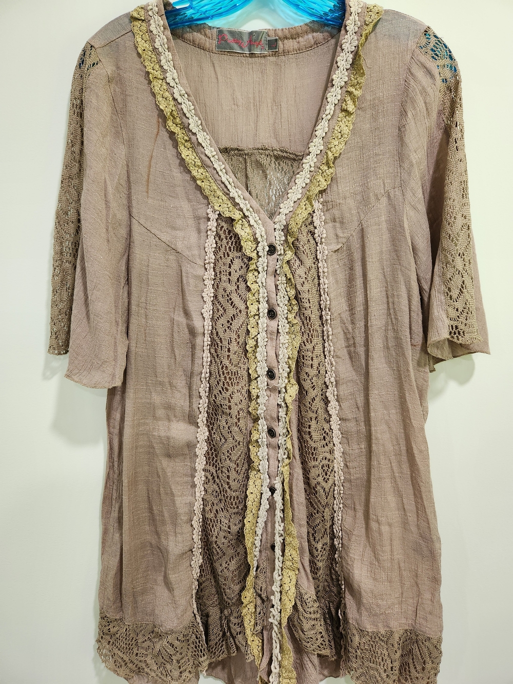 Pretty Angel Taupe Crochet-Trim Button Front Tunic